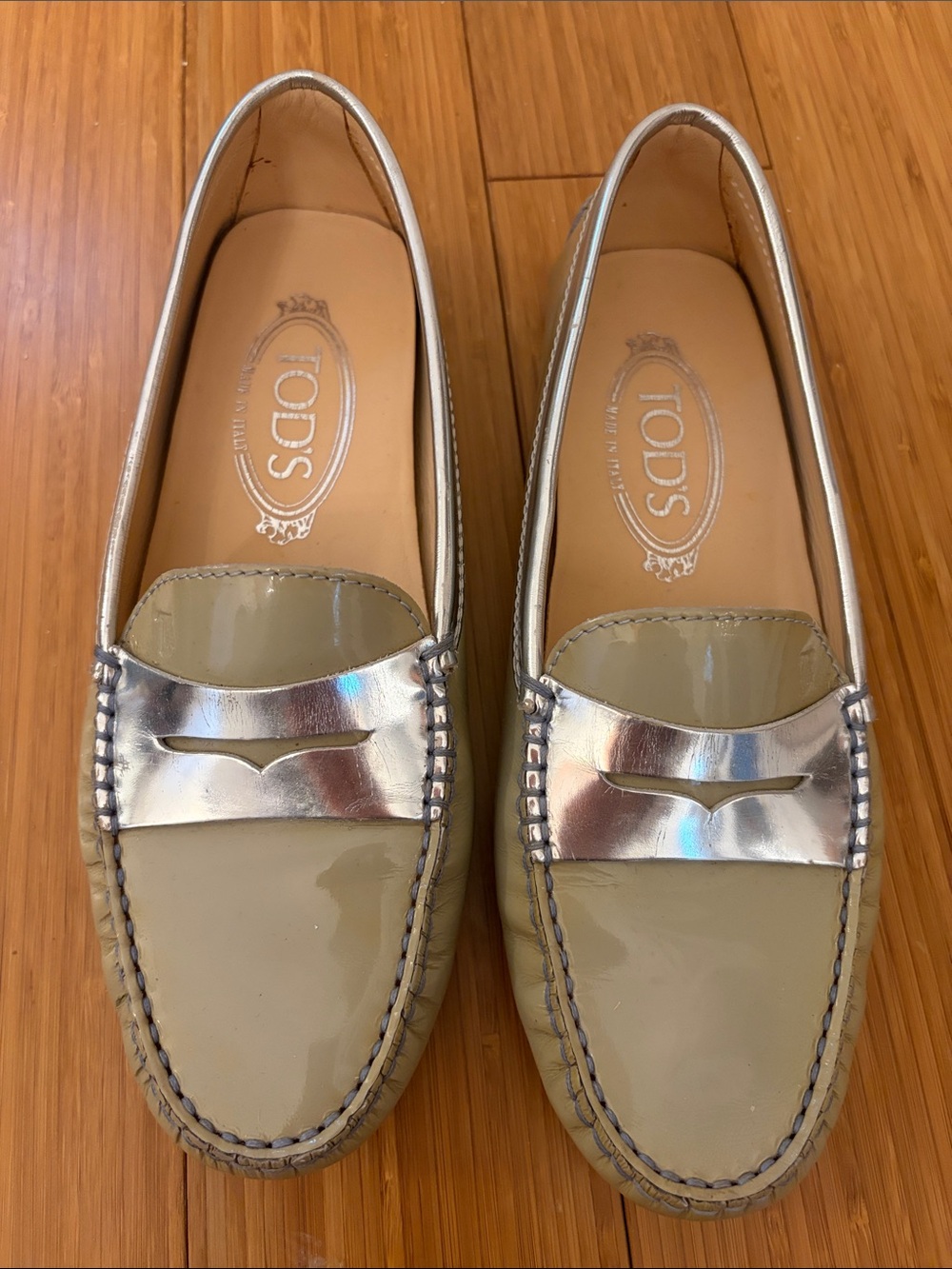 TOD'S Beige Patent Leather Loafers with Silver Accent